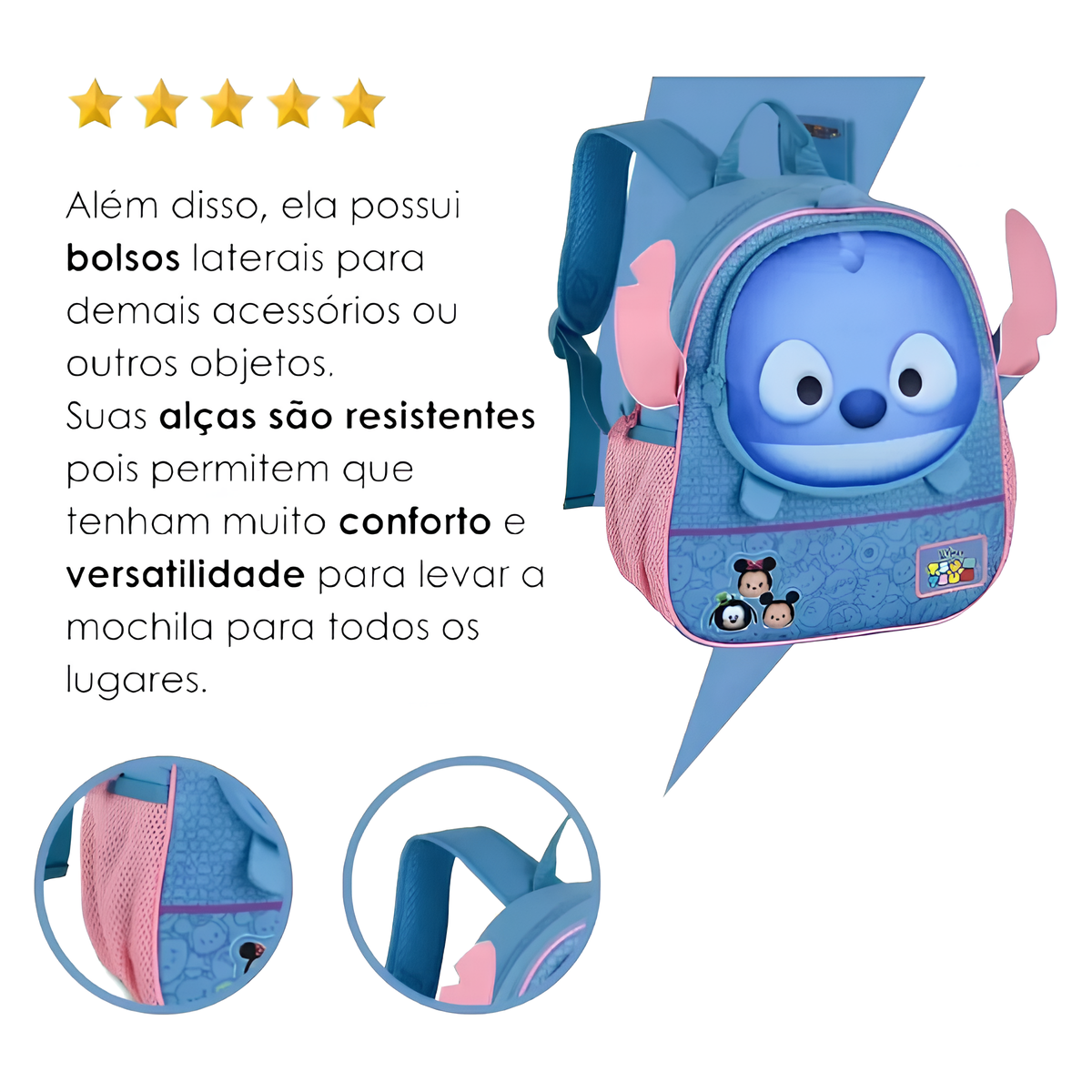 Mochila de Costa infantil Disney Tsum Tsum Stitch Clio TS24563D - Imagem 3