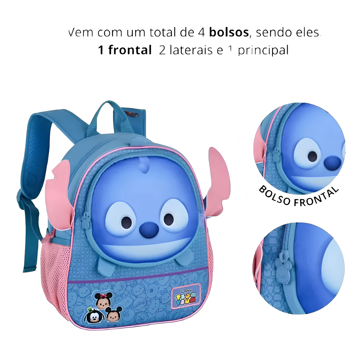 Mochila de Costa infantil Disney Tsum Tsum Stitch Clio TS24563D - Imagem 4